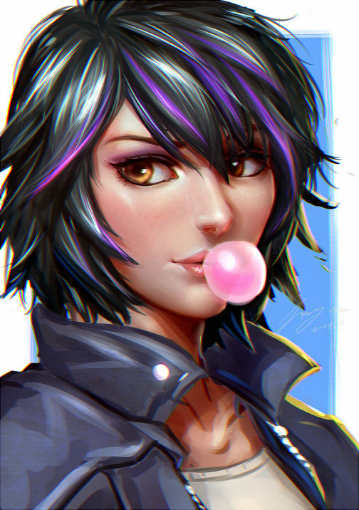 1girl, big_hero_6, black_hair, brown_eyes, bubble_blowing, bubblegum, bust, disney, face, gogo_tomago, jacket, lucha_cha, marvel, multicolored_hair, purple_hair, short_hair, solo
