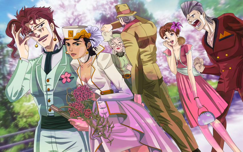 1boy, 1girl, 3boys, 3girls, :d, :o, ^_^, absurdres, age_difference, aqua_eyes, ascot, bag, beads, beard, belt, black_hair, blue_eyes, blurry, bouquet, bracelet, breasts, brown_hair, buttons, cherry_trees, choker, cleavage, closed_eyes, code_geass, collared_shirt, crying, day, depth_of_field, dress, dutch_angle, earrings, facial_hair, flattop, flower, formal, genderswap, glasses, grey_hair, hair_flower, hair_ornament, handbag, handkerchief, hat, heart, highres, holding, jean_pierre_polnareff, jewelry, jojo_no_kimyou_na_bouken, joseph_joestar, kakyoin_noriaki, kakyouin_noriaki, kuujou_holly, kuujou_joutarou, lips, lipstick, long_sleeves, makeup, maroon_hair, multiple_boys, multiple_girls, necklace, old_woman, open_mouth, outdoors, pants, parody, pencil_skirt, pink_hair, puffy_long_sleeves, puffy_sleeves, railing, sash, semi-rimless_glasses, shirt, short_hair, short_sleeves, shouting, showgirl_skirt, skirt, smile, star, star_earrings, suit, tears, tree, turtleneck, under-rim_glasses, violet_eyes, waistcoat, wavy_hair, wedding_dress, white_hair, zinni