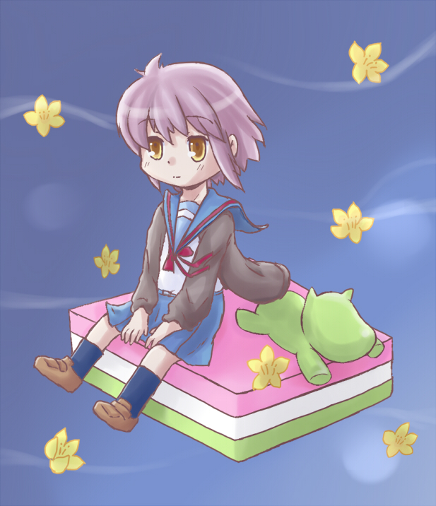 1girl, brown_eyes, cardigan, dog, grey_hair, kimidori-san, komochi_shishamo, nagato_yuki, school_uniform, short_hair, sitting, suzumiya_haruhi-chan_no_yuuutsu, suzumiya_haruhi_no_yuuutsu