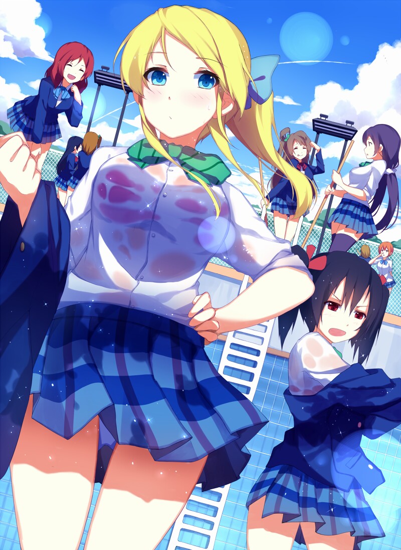 6+girls, ayase_eli, blonde_hair, blue_hair, brown_hair, from_behind, hoshizora_rin, koizumi_hanayo, kousaka_honoka, looking_at_another, looking_at_viewer, love_live!_school_idol_project, minami_kotori, multiple_girls, nishikino_maki, pool, purple_hair, redhead, rizky_(strated), school_uniform, scrunchie, see-through, shot, sky, smirk, sonoda_umi, toujou_nozomi, twintails, violet_eyes, wet, wet_clothes, yazawa_nico