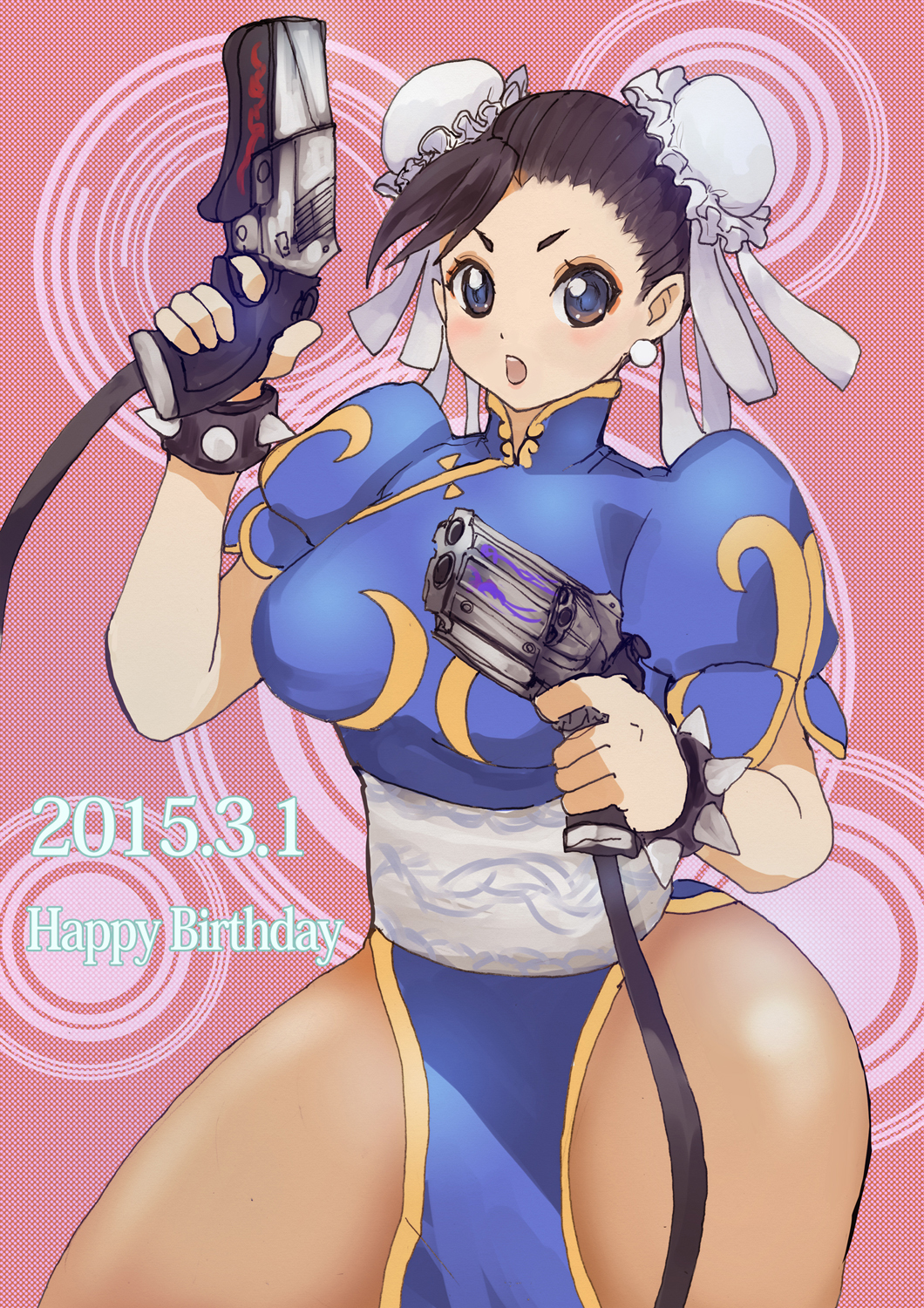 1girl, bracelet, brown_eyes, brown_hair, bun_cover, china_dress, chinese_clothes, chun-li