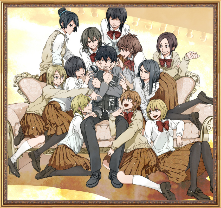 1boy, bag, black_hair, blonde_hair, brown_hair, handa-kun, handa_seishuu, multiple_girls