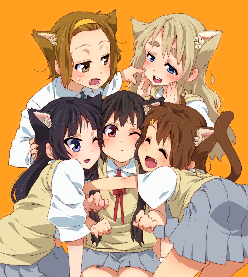 5girls, akiyama_mio, animal_ears, black_hair, blonde_hair, blue_eyes, blush, brown_eyes, brown_hair, cat_ears, cat_tail, cheek_to_cheek, closed_eyes, eyebrows, fang, hairband, happy, hirasawa_yui, hug, k-on!, kotobuki_tsumugi, long_hair, multiple_girls, nakano_azusa, nekomimi, red_eyes, school_uniform, short_hair, tail, tainaka_ritsu, takanashi_ringo, wink