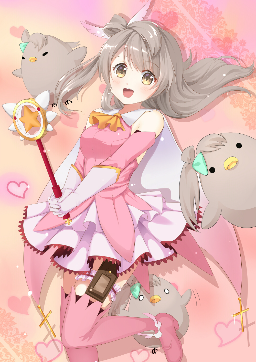 1girl, bird, brown_eyes, brown_hair, cosplay, fate/kaleid_liner_prisma_illya, fate_(series), feathers