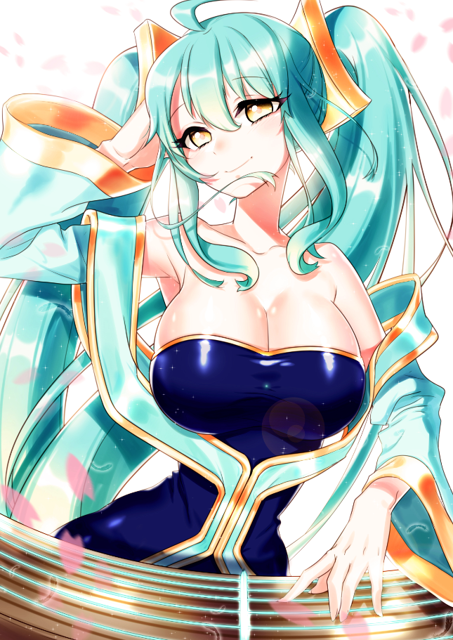1girl, artist_request, bare_shoulders, blue_hair, breasts, cleavage, etwahl, huge_breasts