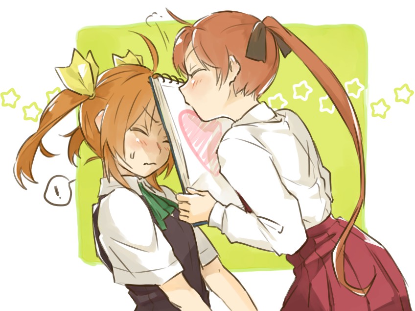 !, akigumo_(kantai_collection), blush, brown_hair, kagerou_(kantai_collection), kantai_collection, kiss, kuwabara_(medetaya)