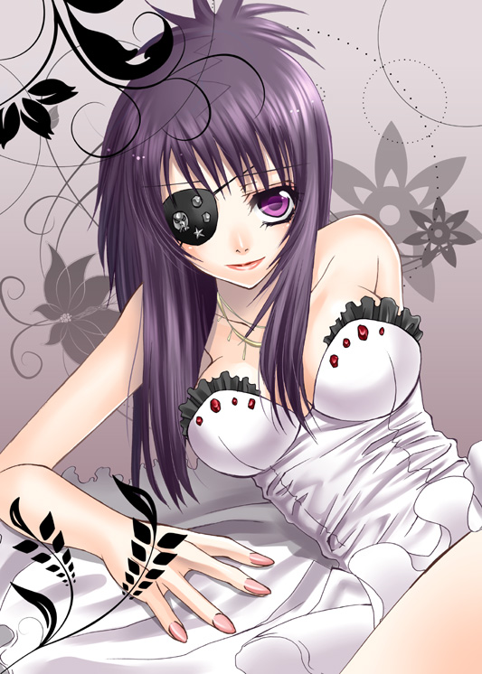 breasts, chrome_dokuro, cleavage, eyepatch, katekyo_hitman_reborn, katekyo_hitman_reborn!, nail_polish, purple_eyes, purple_hair, riven, ruffles, violet_eyes
