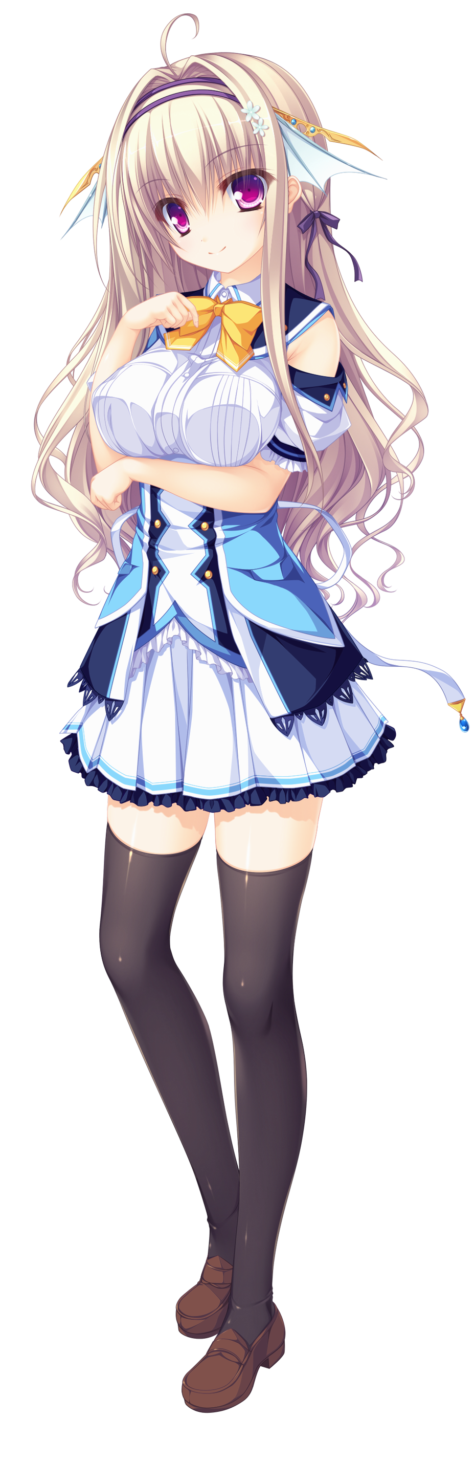 1girl, absurdres, ahoge, black_legwear, breast_hold, breasts, brown_hair, detached_sleeves