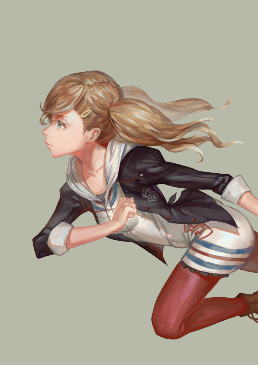 absurdres, blue_eyes, brown_hair, collarbone, greyyue, highres, pantyhose, persona