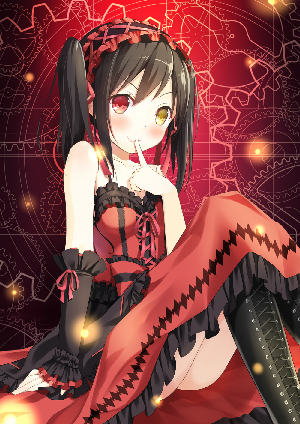 1girl, bare_shoulders, black_hair, cosplay, date_a_live, hairband, heterochromia, highres, lolita_fashion, lolita_hairband, long_hair, love_live!_school_idol_project, red_eyes, smile, solo, sumikko_no_aria, tokisaki_kurumi, tokisaki_kurumi_(cosplay), twintails, yazawa_nico, yellow_eyes