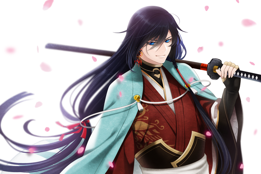 1boy, black_hair, blue_eyes, izumi-no-kami_kanesada, japanese_clothes, katana, over_shoulder, petals