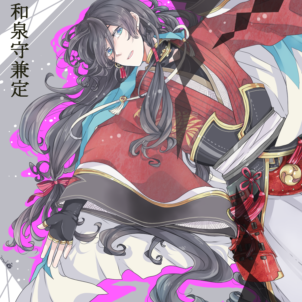 1boy, black_hair, blue_eyes, character_name, izumi-no-kami_kanesada, japanese_clothes, long_hair, low-tied_long_hair, mai_(ma1920), solo, touken_ranbu