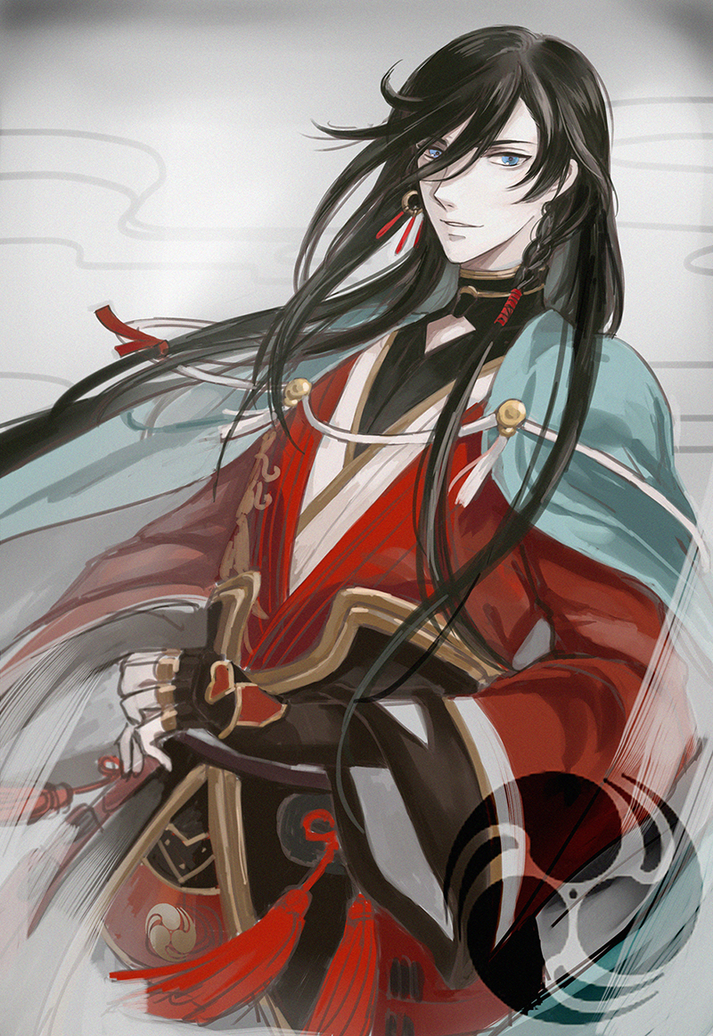 1boy, black_hair, blue_eyes, izumi-no-kami_kanesada, japanese_clothes, melody_mi1112, solo, touken_ranbu