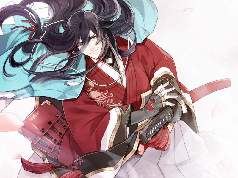 1boy, battoujutsu_stance, black_hair, blue_eyes, fighting_stance, haori, itoda_(spica), izumi-no-kami_kanesada