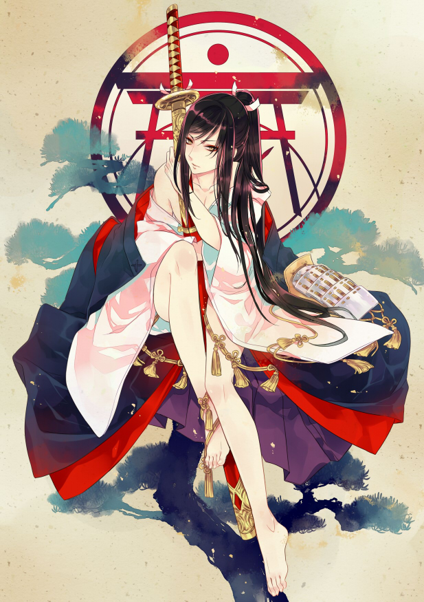 1boy, androgynous, barefoot, black_hair, hair_ribbon, huayne, long_hair, nodachi, ponytail, ribbon, sheath, sheathed, solo, tarou_tachi, torii, touken_ranbu, trap, very_long_hair