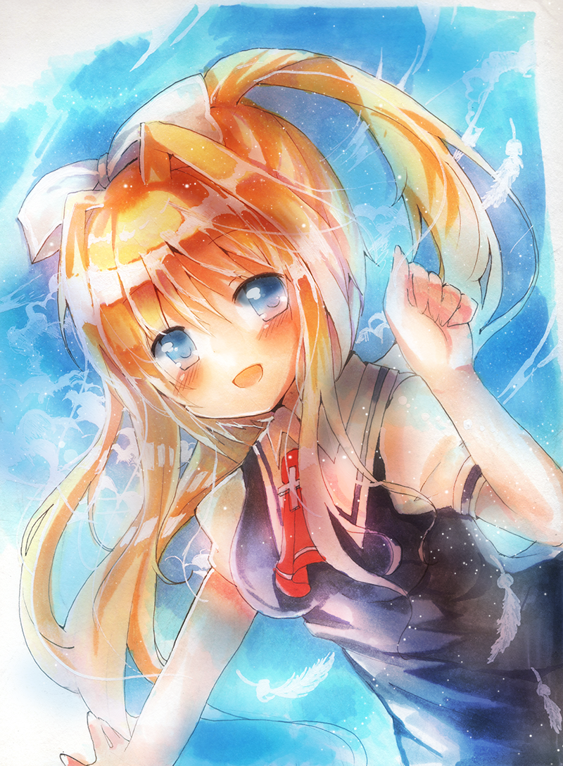 1girl, air, blonde_hair, blue_eyes, hair_ribbon, kamio_misuzu, long_hair, nekoko_(windcat429)
