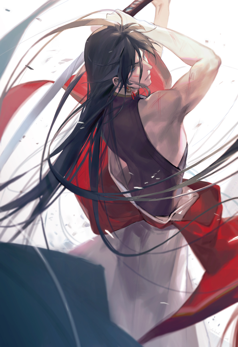 1boy, bare_shoulders, black_hair, blue_eyes, izumi-no-kami_kanesada, japanese_clothes, katana, long_hair