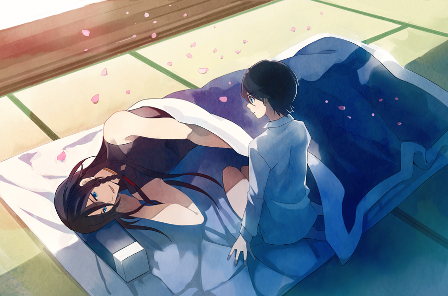 2boys, bed, black_hair, cherry_blossoms, horikawa_kunihiro, izumi-no-kami_kanesada, japanese_clothes, multiple_boys, petals, takerusilt, touken_ranbu