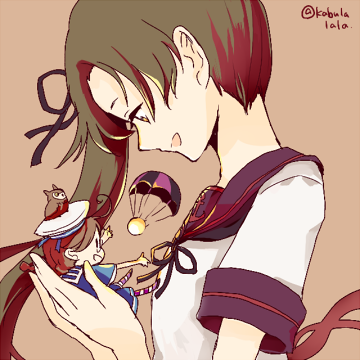 1girl, ayanami_(kantai_collection), brown_eyes, brown_hair, fairy_(kantai_collection), hair_ribbon, holding, kantai_collection