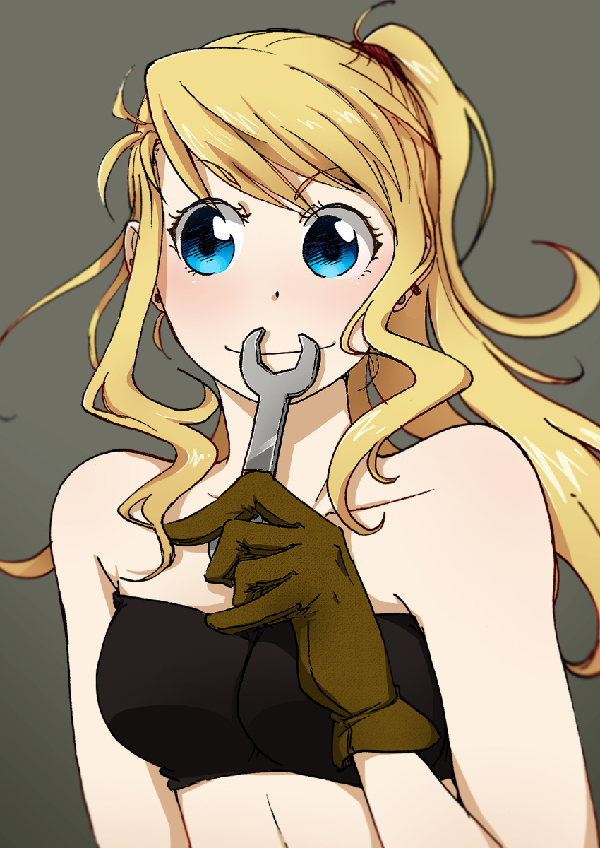 1girl, bandeau, blonde_hair, blue_eyes, coralus, fullmetal_alchemist, highres, midriff