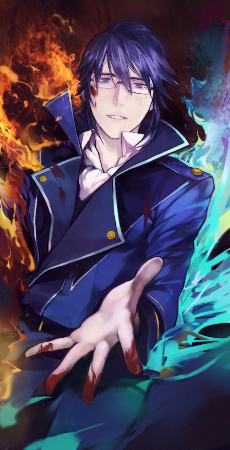 1boy, blood, bloody_hands, blue_eyes, blue_hair, glasses, highres, k_(anime), munakata_reishi, outstretched_hand, solo, tears, yanyi
