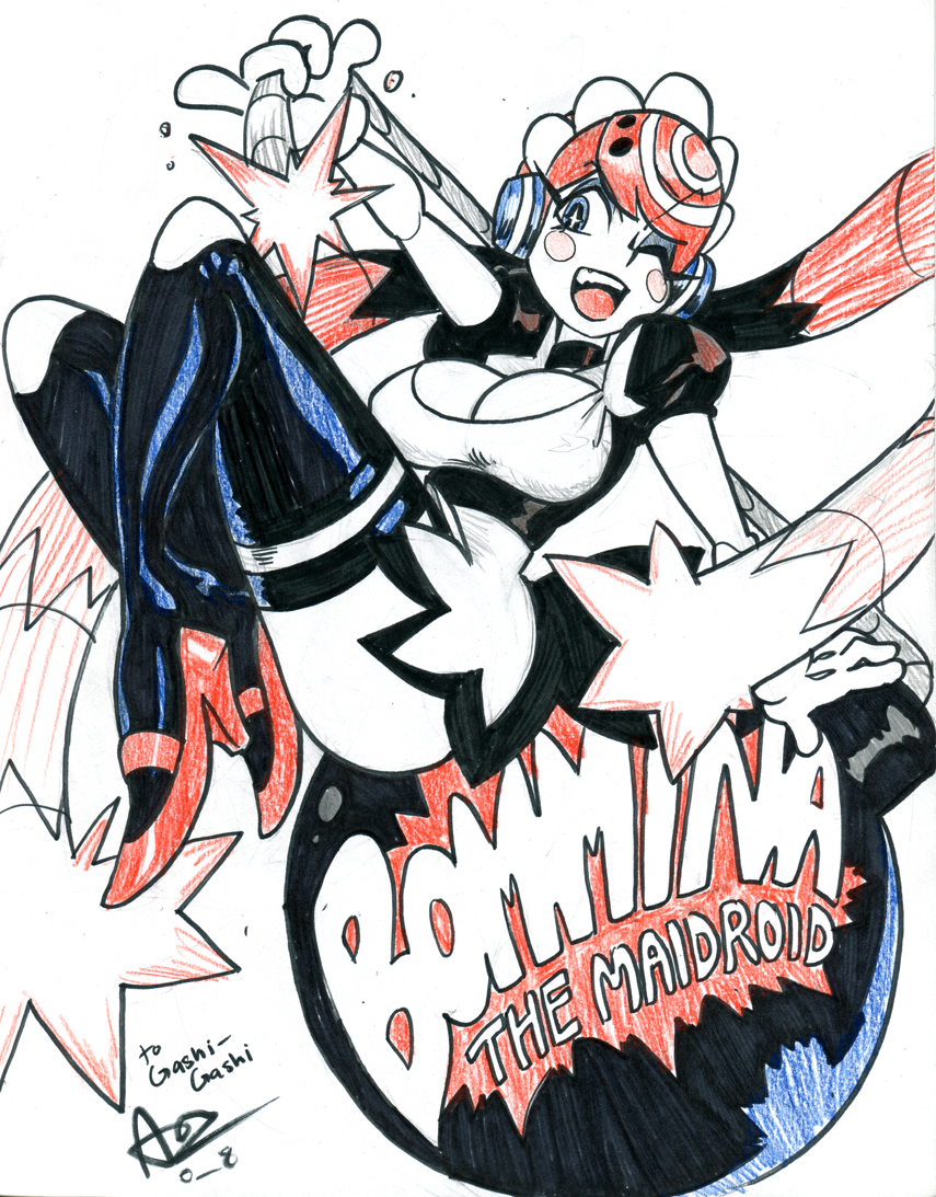 +_+, 1girl, ;), alex_ahad, black_legwear, blush_stickers, bomb, boomina, boomina_the_maidroid, borrowed_character, breasts, character_name, cleavage, fang, gloves, high_heels, large_breasts, long_hair, maid, maid_headdress, one_eye_closed, red_shoes, redhead, robot_ears, shoes, sketch, smile, solo, thigh-highs, twintails, white_gloves