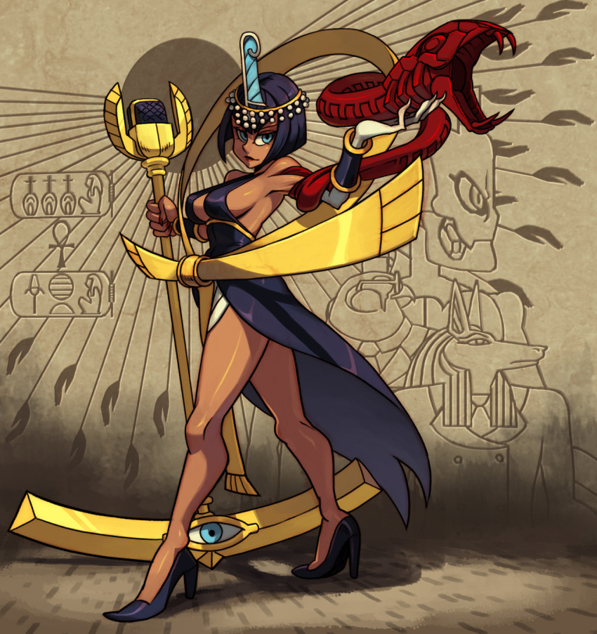 1girl, 2boys, albus_(skullgirls), alex_ahad, ankh, bare_shoulders, black_dress, black_hair, blue_eyes, bob_cut, bone, breasts, dark_skin, dress, egyptian, eliza_(skullgirls), hagoromo, halterneck, high_heels, highres, horace_(skullgirls), microphone, microphone_stand, multiple_boys, official_art, sekhmet_(skullgirls), shawl, short_hair, showgirl_skirt, sideboob, skullgirls, snake, solo, tiara