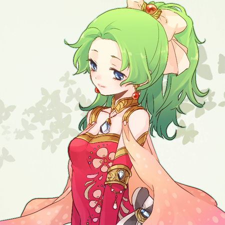 1girl, bare_shoulders, blue_eyes, bow, breasts, butterfly, cape, cleavage, covered_navel, earrings, final_fantasy, final_fantasy_vi, floral_print, green_hair, hair_bow, jewelry, kobayashi_kabura, long_hair, lowres, necklace, ponytail, smile, solo, tina_branford