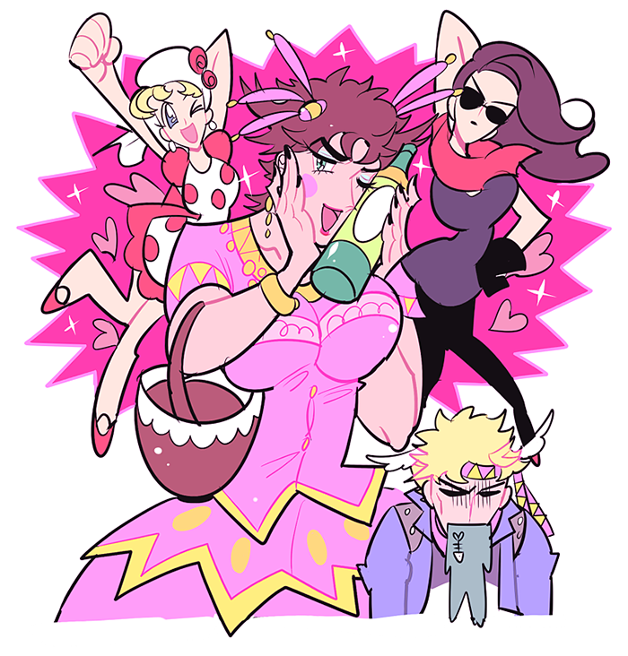 2boys, 2girls, caesar_anthonio_zeppeli, crossdressinging, dress, fish_bone, jojo_no_kimyou_na_bouken, joseph_joestar_(young)