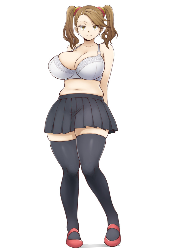 1girl, arms_behind_back, black_legwear, black_skirt, bra, breasts, brown_eyes, brown_hair