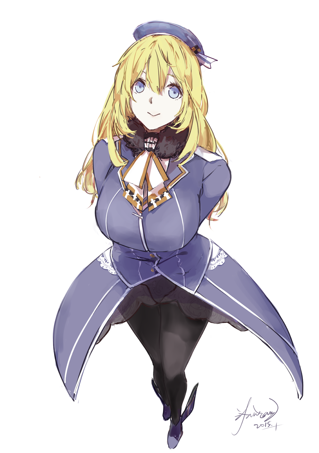 1girl, 2015, arms_behind_back, atago_(kantai_collection), black_legwear, blonde_hair, blue_eyes, dated