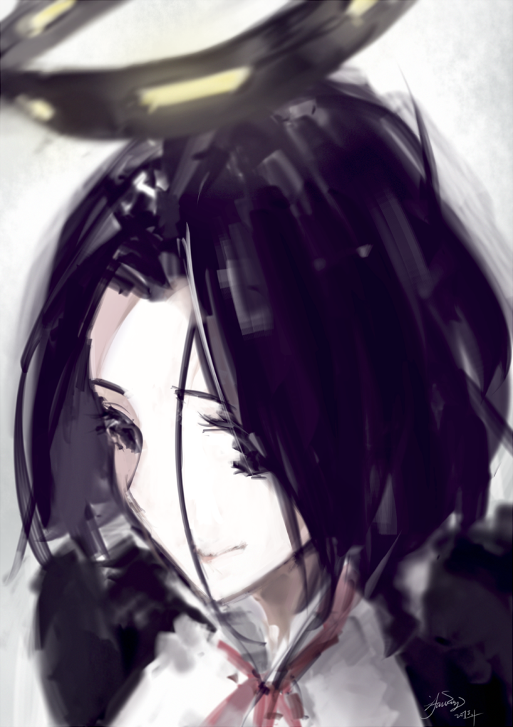 1girl, 2015, dated, halo, hantasy, kantai_collection, mechanical_halo, parody, purple_hair, red_ribbon, ribbon, short_hair, smile, solo, style_parody, sugimoto_gang_(style), tatsuta_(kantai_collection), violet_eyes