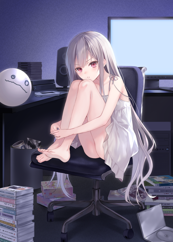 1girl, barefoot, book, book_stack, chair, computer, desk, dress, feet_on_chair, fukahire_sanba, glaring, leg_hug, legs, long_hair, looking_at_viewer, monitor, original, red_eyes, silver_hair, sitting, sleeveless, solo, very_long_hair