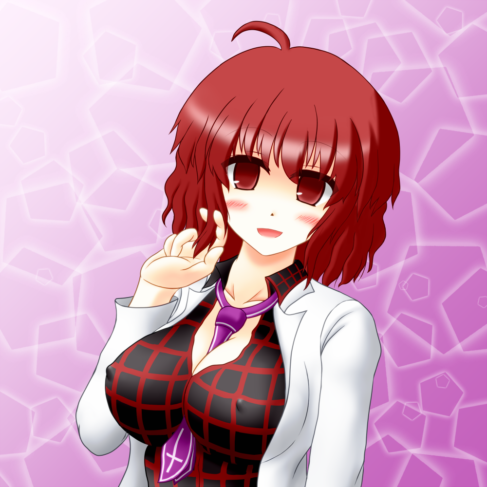 1girl, ahoge, between_breasts, blush, horikawa_raiko, no_bra, open_collar, red_eyes, redhead, solo, touhou, yani_tama