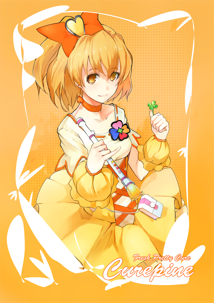 bow, character_name, choker, clover, cure_pine, dress, earrings, four-leaf_clover