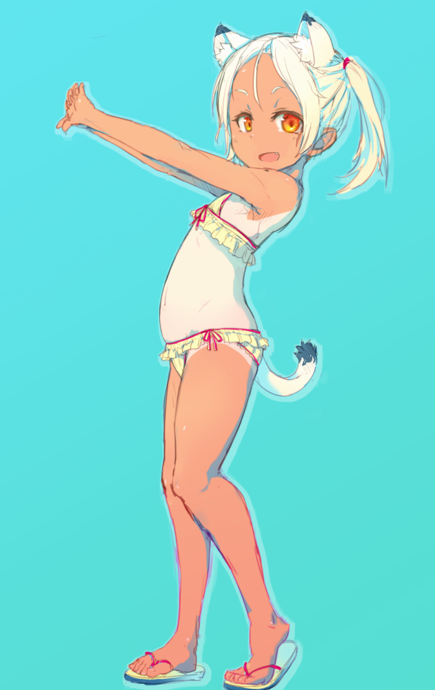 1girl, animal_ears, bikini, blush, cat_ears, cat_tail, fang, one-piece_tan