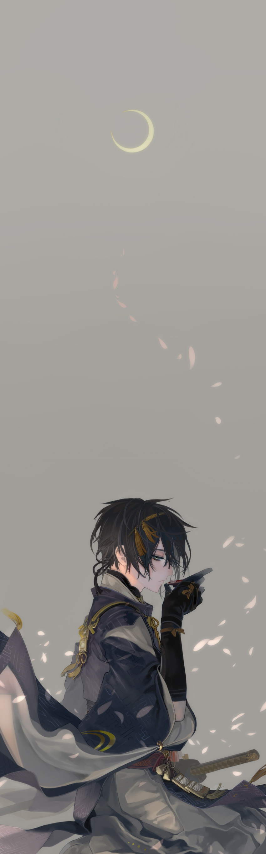 1boy, absurdres, alcohol, black_gloves, black_hair, cherry_blossoms, drinking, gloves