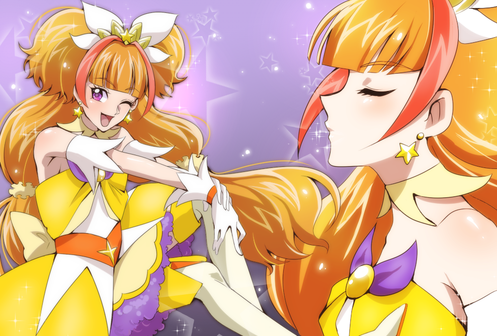 1girl, ;d, amanogawa_kirara, bare_shoulders, choker, closed_eyes, cure_twinkle, earrings