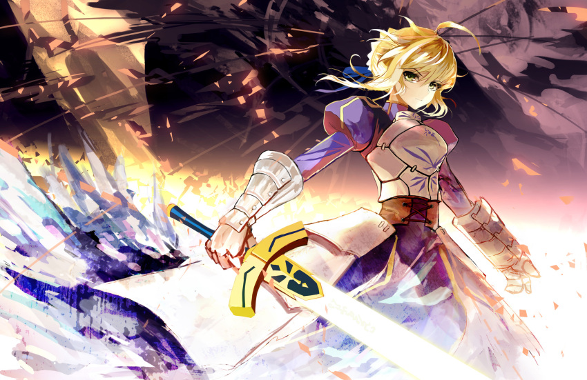1girl, ahoge, armor, armored_dress, blonde_hair, dress, excalibur, fate/stay_night