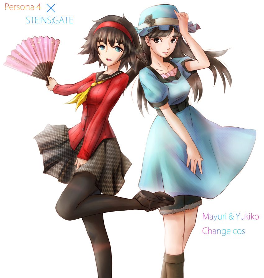 2girls, amagi_yukiko, amagi_yukiko_(cosplay), black_hair, black_legwear, blue_eyes, boots, brown_eyes