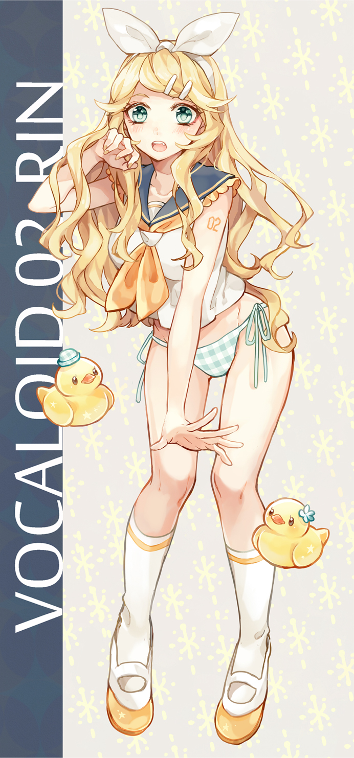 1girl, alternate_hair_length, alternate_hairstyle, blonde_hair, blue_eyes, blush, bow, hair_bow, highres, kagamine_rin, long_hair, makoto_(roketto-massyumaro), panties, plaid, plaid_panties, sailor_collar, socks, solo, underwear, vocaloid, white_legwear