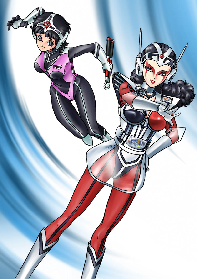 2girls, black_eyes, black_hair, choudenshi_bioman, farrah, farrah_cat, female, iwa