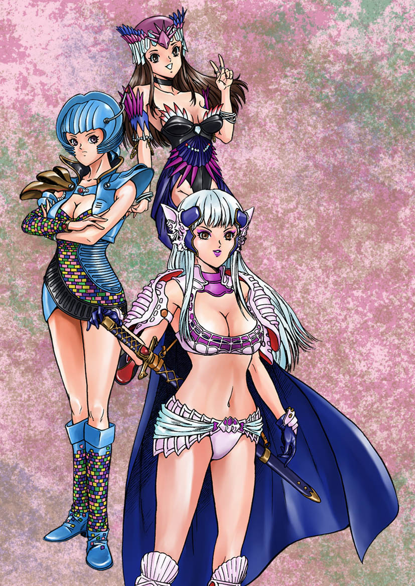 3girls, boots, breasts, brown_hair, cleavage, crossed_arms, denji_sentai_megaranger, gekisou_sentai_carranger