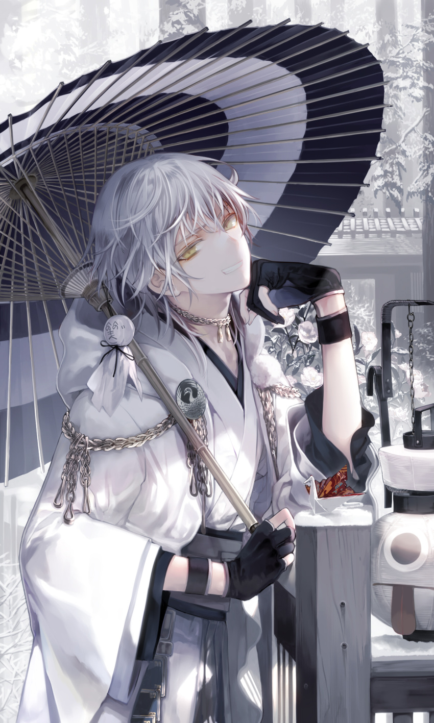 1boy, chin_rest, gloves, grin, hachishikokusuke, highres, japanese_clothes, oriental_umbrella