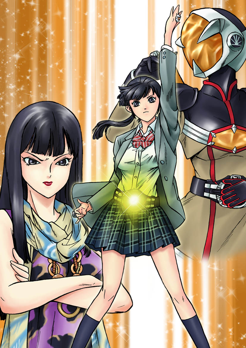 2girls, belt, female, inamori_mayu, iwa, jewelry, kamen_rider, kamen_rider_mage