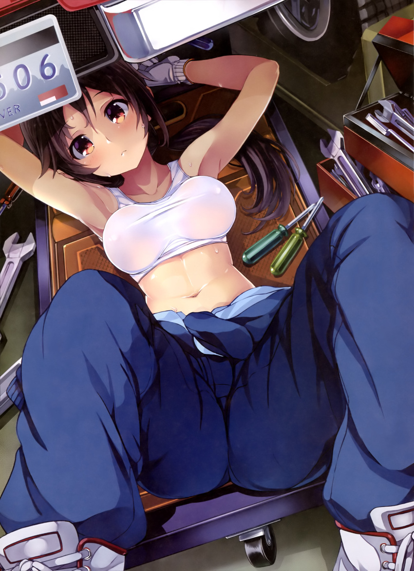 1girl, absurdres, adjustable_wrench, breasts, brown_eyes, brown_hair, gloves, highres, impossible_clothes, long_hair, mechanic, mirai_denki, overalls, pants, screwdriver, sweat, tagme, tank_top, taut_clothes, taut_shirt, tied_shirt, vehicle, white_gloves, working, wrench