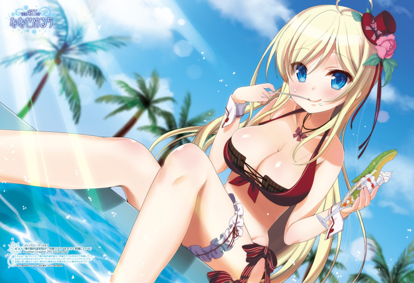 1girl, ahoge, blonde_hair, blue_eyes, blush, breasts, chocolat_(noucome), cleavage, glass, hat, highres, leg_garter, long_hair, looking_at_viewer, mini_top_hat, nanase_meruchi, ore_no_nounai_sentakushi_ga_gakuen_love-comedy_wo_senryoku_de_jama_shiteru, palm_tree, smile, solo, spoon, top_hat, tree