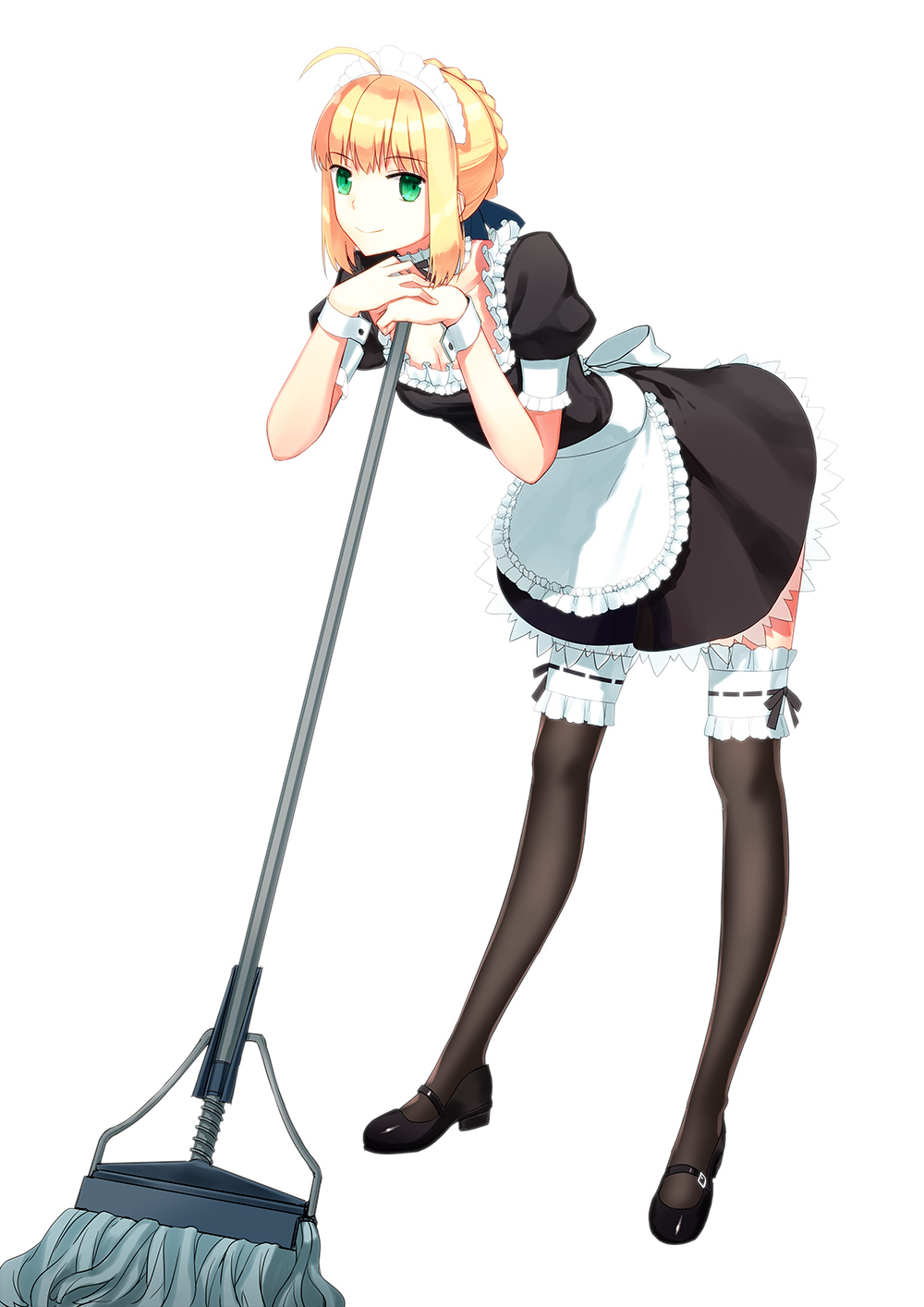 1girl, ahoge, apron, black_legwear, blonde_hair, breasts, choker, cleavage, collarbone, fate/stay_night, fate_(series), frills, hair_ribbon, highres, karinzero, leaning_on_broom, looking_at_viewer, maid, maid_headdress, mop, ribbon, saber, short_hair, smile, solo, thigh-highs, wrist_cuffs