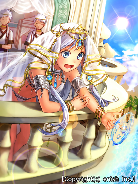 1girl, 2boys, arabian_clothes, armlet, balcony, beach, blue_eyes, bracelet, character_request, dragon_tactics, dutch_angle, ichinose777, jewelry, lens_flare, long_hair, multiple_boys, navel, necklace, official_art, open_mouth, palm_tree, ring, short_hair, sky, solo_focus, sun, tree, water