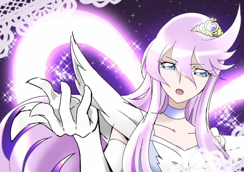1girl, blue_eyes, choker, cure_moonlight, elbow_gloves, gacchahero, gloves, go!_princess_precure, heart, heartcatch_precure!, lavender_hair, long_hair, magical_girl, parody, precure, solo, super_silhouette_(heartcatch_precure!), tsukikage_yuri, white_gloves